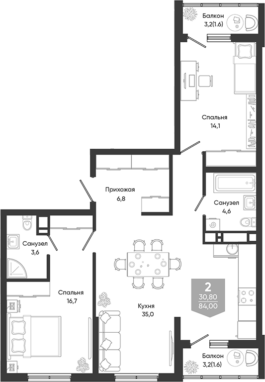 3-комн., 80.8 м², 18/24 этаж, ЖК «Облака»