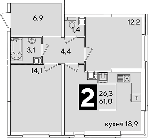 3-комн., 61 м², 3/16 этаж, ЖК «Самолет»