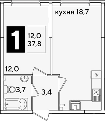 2-комн., 37.8 м², 1/16 этаж, ЖК «Самолет»