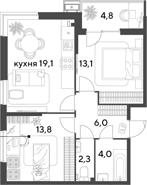 3-комн., 58.3 м², 2/18 этаж, ЖК «Парк Победы»