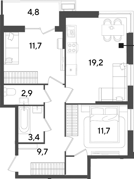 3-комн., 60.1 м², 2/18 этаж, ЖК «Парк Победы»