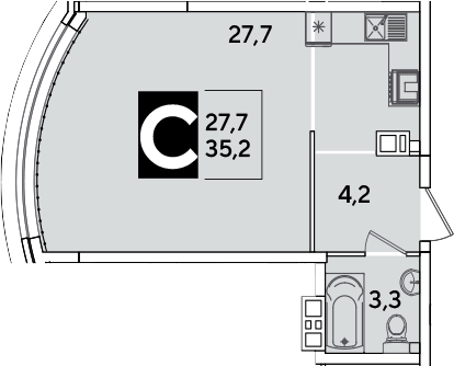 Студия, 35.2 м², 7/16 этаж, ЖК «Самолет»