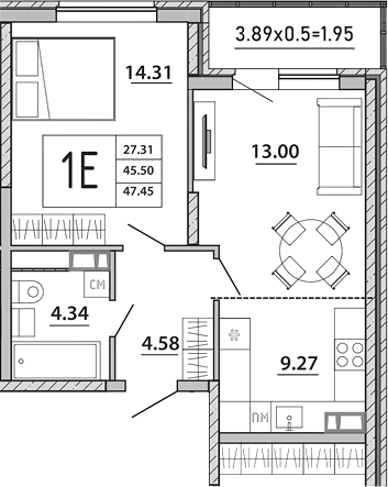 2-комн., 45.5 м², 1/8 этаж, ЖК «Любимый дом. СЗ СтройГрупп»
