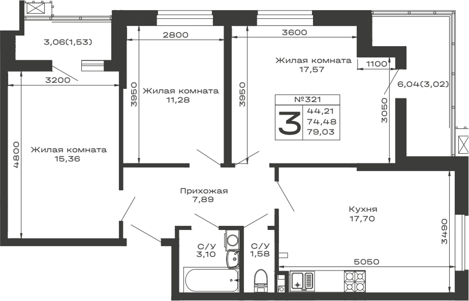 3-комн., 74.48 м², 2/13 этаж, ЖК «Долина»