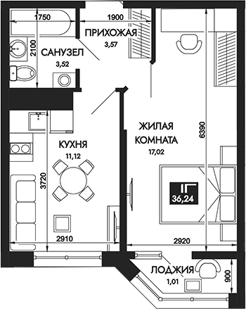 1-комн., 35.23 м², 14/16 этаж, ЖК «Вершины. ГК Смена»