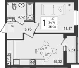 1-комн., 34.71 м², 18/18 этаж, ЖК «Дом 101»