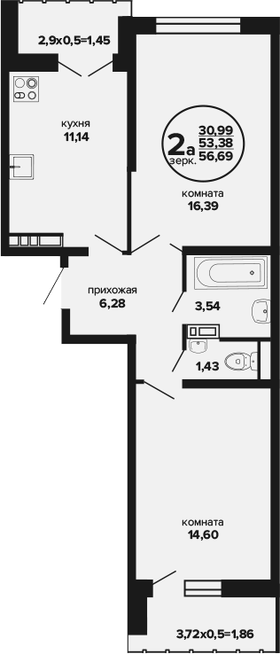 2-комн., 52.56 м², 2/24 этаж, ЖК «Гулливер»