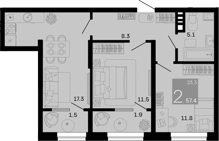 2-комн., 54 м², 4/12 этаж, ЖК «Хозяин Морей»