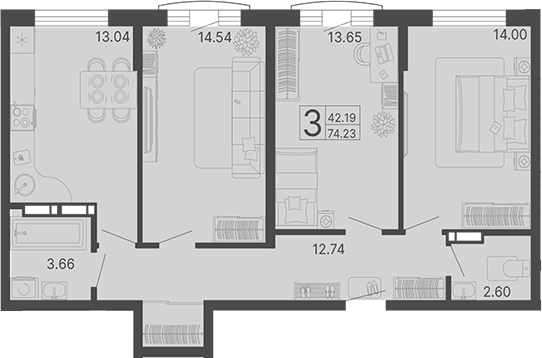3-комн., 74.23 м², 15/17 этаж, ЖК «Светский лес»