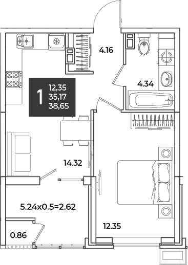 Продается 1-комн. квартира, 35.17 м²