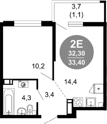 2-комн., 32.3 м², 4/17 этаж, ЖК «Лестория»