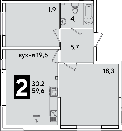 3-комн., 59.6 м², 2/16 этаж, ЖК «Самолет»