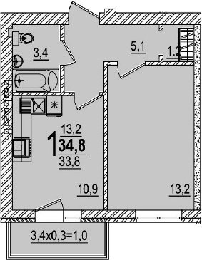 Продается 1-комн. квартира, 33.8 м²