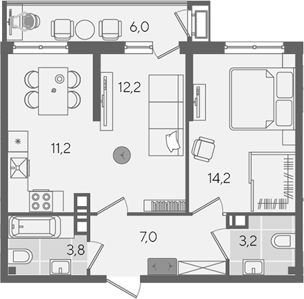 2-комн., 51.6 м², 3/24 этаж, ЖК «Рекорд»