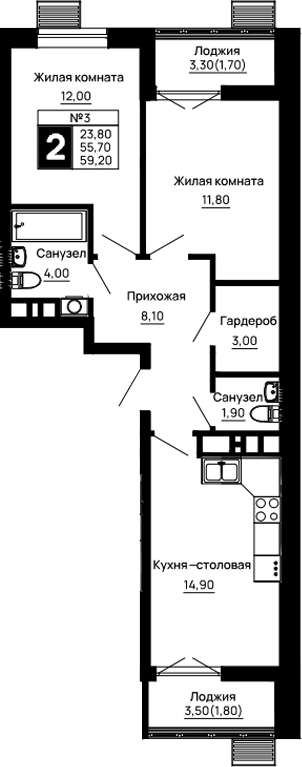 2-комн., 55.7 м², 16/16 этаж, ЖК «Традиции»