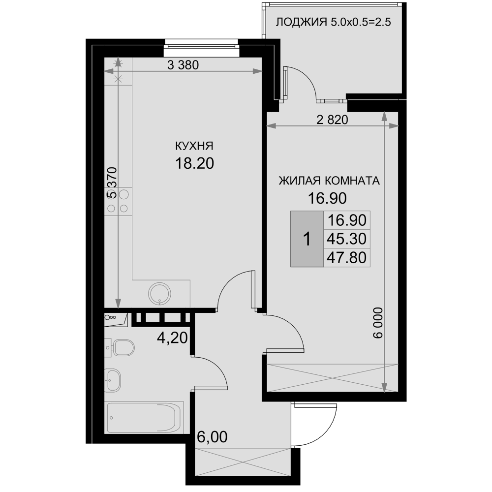 2-комн., 45.3 м², 4/7 этаж, ЖК «История»