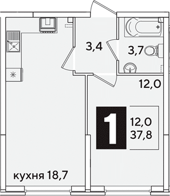 2-комн., 37.8 м², 2/16 этаж, ЖК «Самолет»