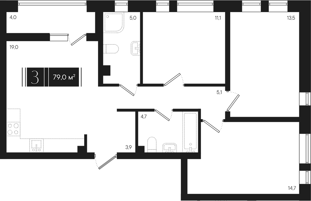 3-комн., 77 м², 2/9 этаж, ЖК «Эрмитаж»