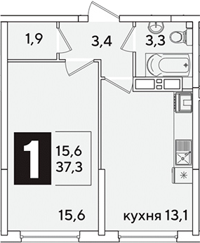 1-комн., 37.3 м², 12/16 этаж, ЖК «Самолет»