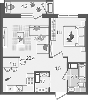 2-комн., 44.3 м², 13/24 этаж, ЖК «Рекорд»
