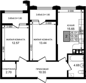 2-комн., 59.59 м², 7/8 этаж, ЖК «Резиденция морей»