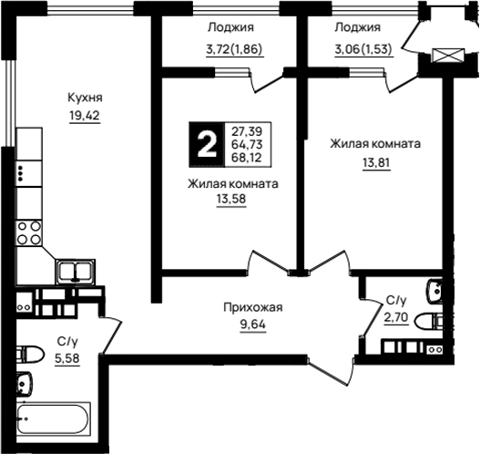 2-комн., 64.73 м², 15/18 этаж, ЖК «Резиденция морей»