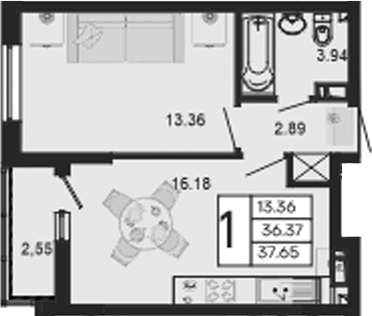 1-комн., 36.38 м², 5/9 этаж, ЖК «Дом 101»
