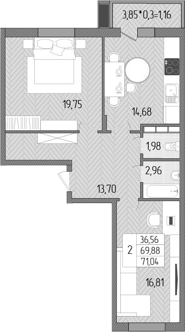 2-комн., 69.88 м², 7/8 этаж, ЖК «Сады у моря»