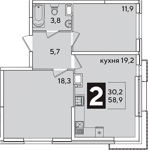 3-комн., 58.9 м², 12/16 этаж, ЖК «Самолет»