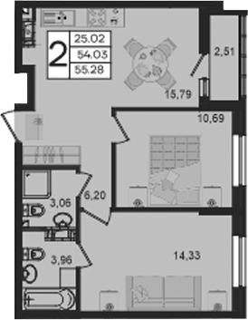 2-комн., 54.03 м², 5/18 этаж, ЖК «Дом 101»