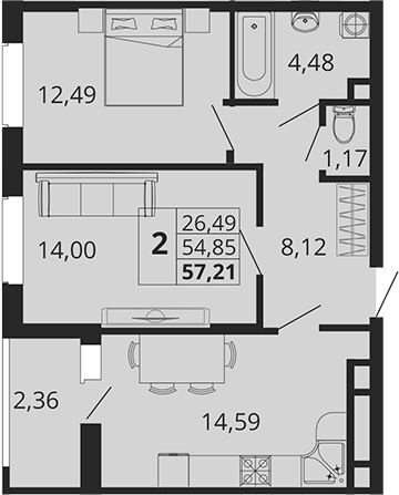 2-комн., 54.85 м², 18/18 этаж, ЖК «Родные Просторы»