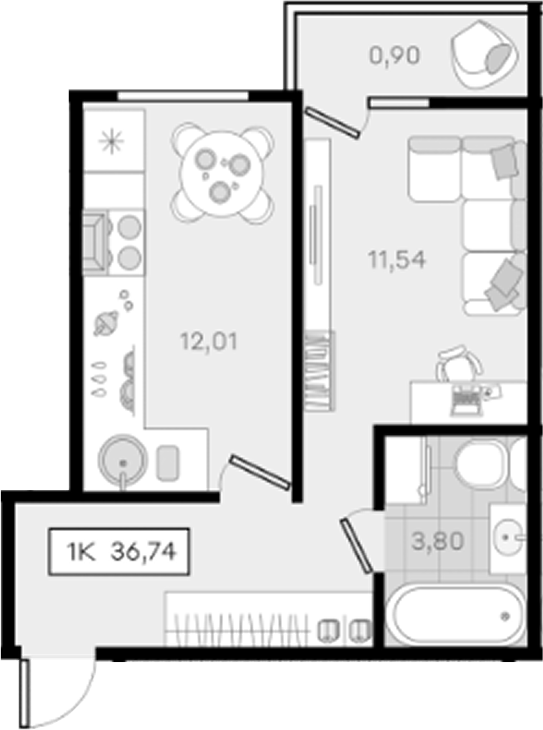 1-комн., 35.84 м², 5/8 этаж, ЖК «История 3»