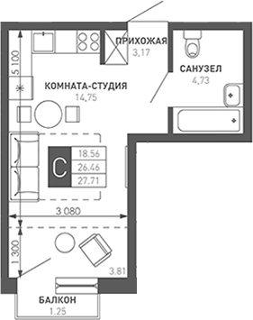 Продается 1-комн. квартира, 27.4 м²