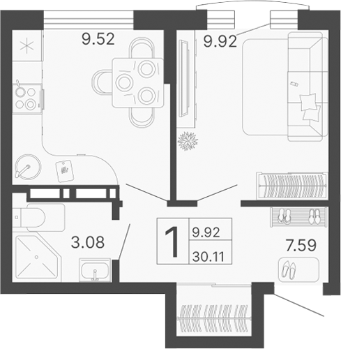 1-комн., 30.11 м², 17/20 этаж, ЖК «Светский лес»