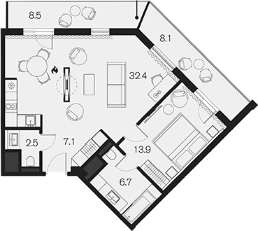 1-комн., 62.6 м², 3/4 этаж, ЖК «Benefit Sky Breeze Sochi»