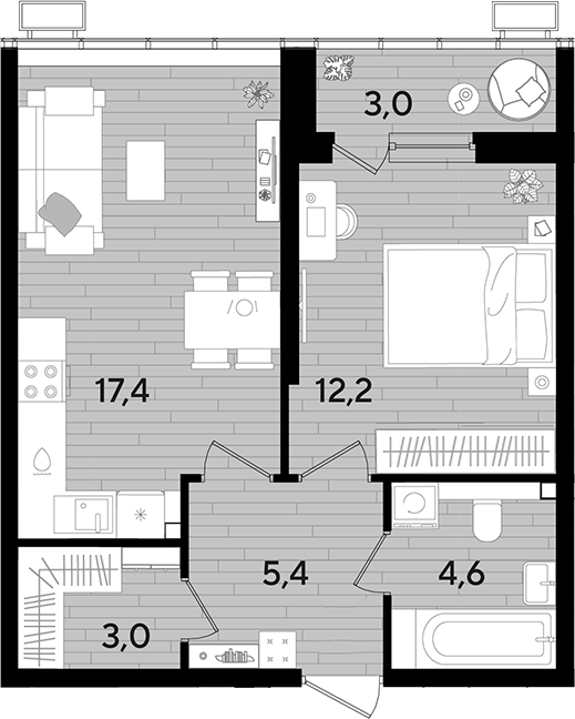 1-комн., 42.6 м², 2/16 этаж, ЖК «DОГМА ПАРК»