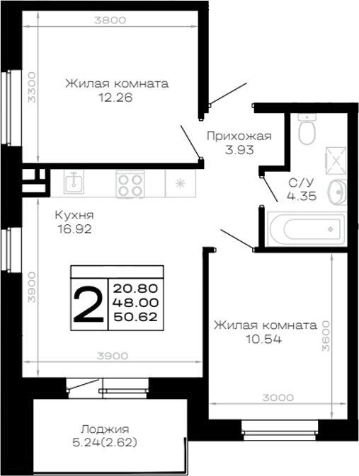 2-комн., 48 м², 3/4 этаж, ЖК «Усадьба Гостагаевская»