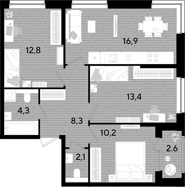 3-комн., 68 м², 2/16 этаж, ЖК «DОГМА ПАРК»