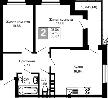2-комн., 54.19 м², 9/14 этаж, ЖК «Долина»