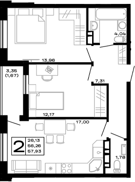 2-комн., 56.26 м², 2/16 этаж, ЖК «Горные высоты»