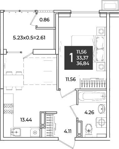 1-комн., 33.37 м², 14/18 этаж, ЖК «Образцово»