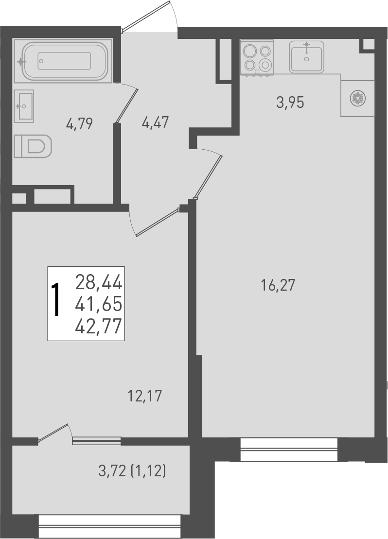 2-комн., 41.65 м², 9/9 этаж, ЖК «Югге»
