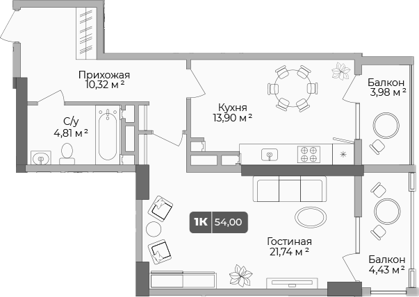 1-комн., 51.48 м², 17/17 этаж, ЖК «Золотой берег. СЗ Среда»