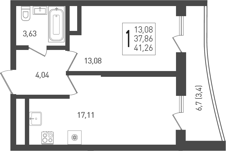 2-комн., 39.3 м², 19/24 этаж, ЖК «ЖК «Кубанская Крепость»»