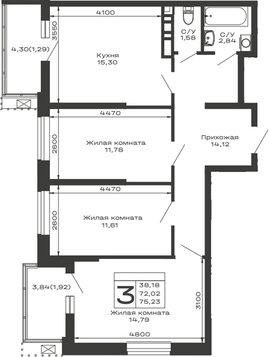 3-комн., 72.02 м², 13/16 этаж, ЖК «Долина»