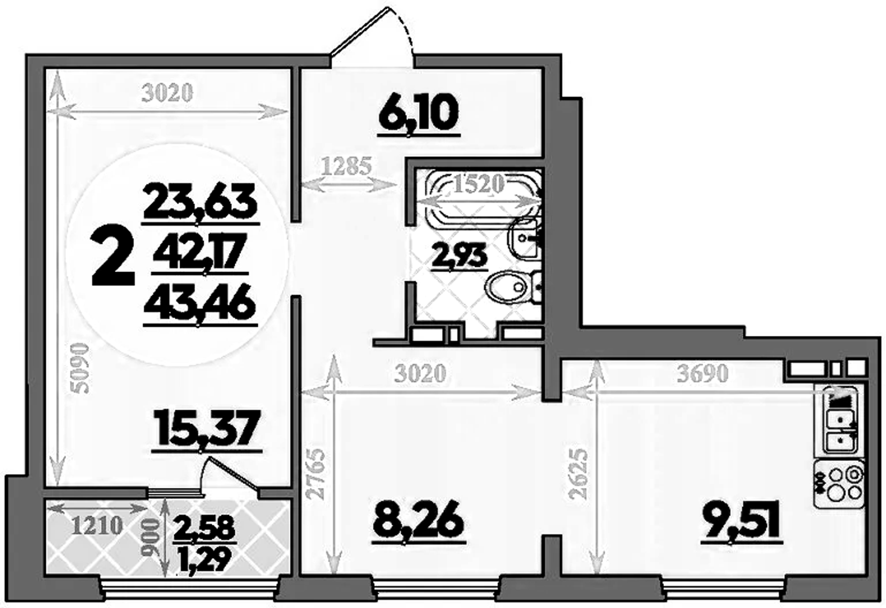 2-комн., 42.17 м², 7/8 этаж, ЖК «Молодежный 2»