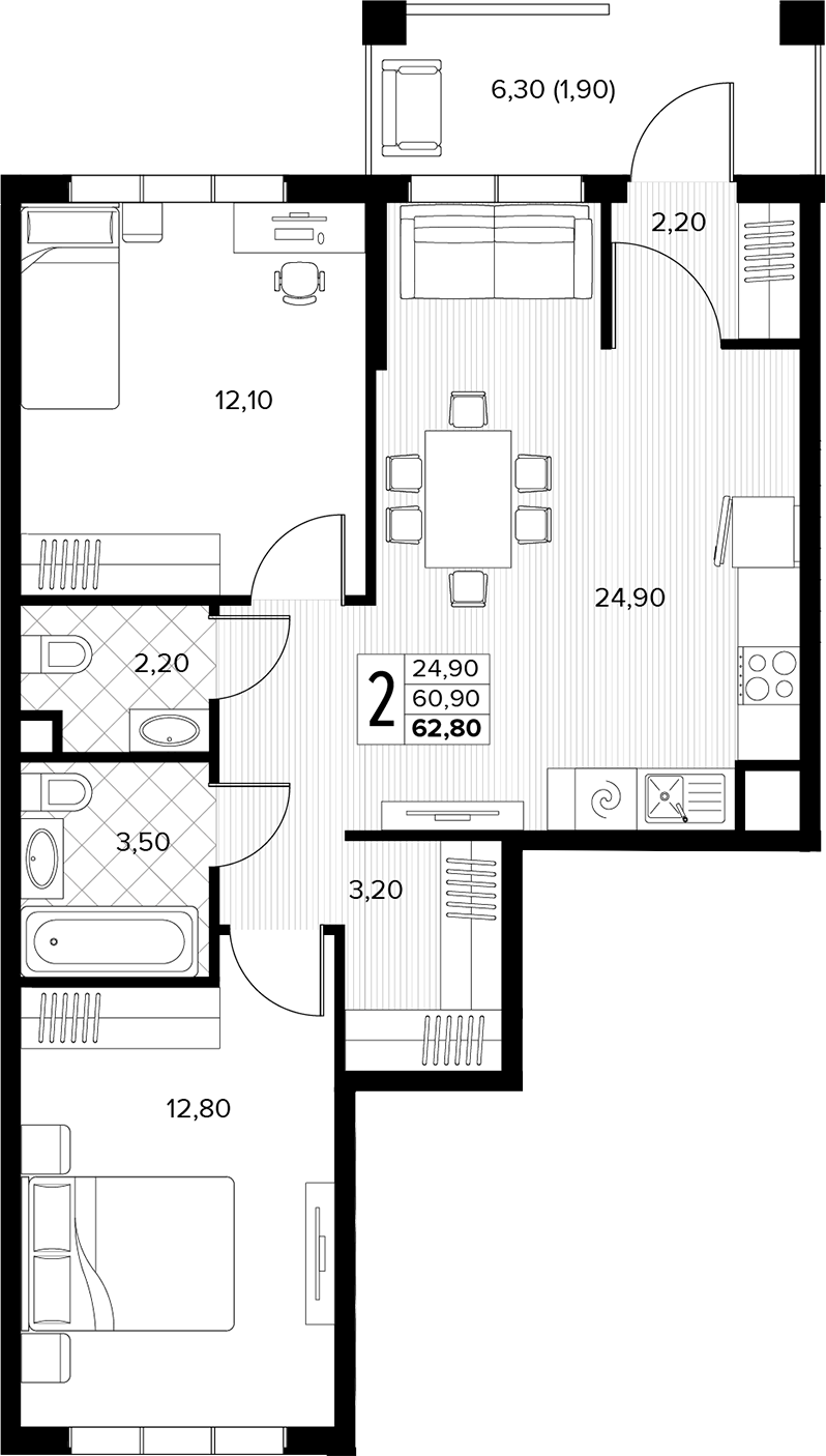 Продается 2-комн. квартира, 60.9 м²