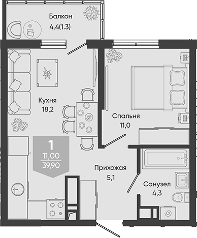 2-комн., 38.6 м², 24/24 этаж, ЖК «Облака»