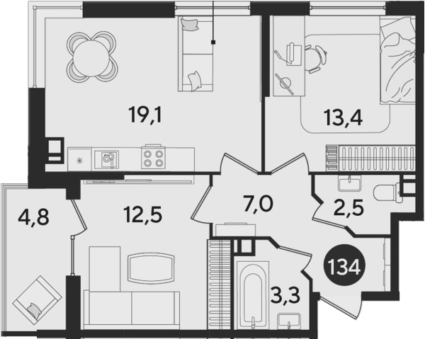 3-комн., 57.8 м², 6/9 этаж, ЖК «Парк Победы»