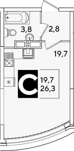 Студия, 26.3 м², 11/16 этаж, ЖК «Самолет»